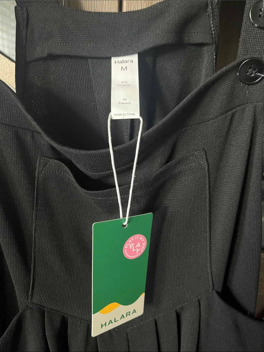 HALARA Black Mini Pinafore Dress with Button Straps